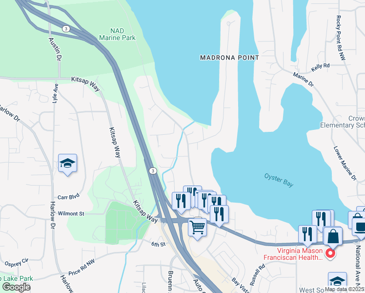 map of restaurants, bars, coffee shops, grocery stores, and more near 1335 Shorewood Drive in Bremerton