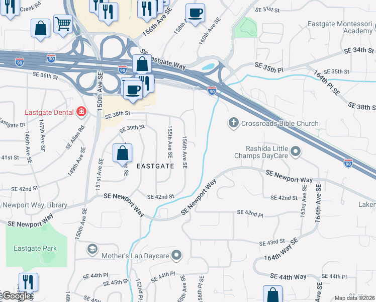 map of restaurants, bars, coffee shops, grocery stores, and more near 4015 156th Avenue Southeast in Bellevue