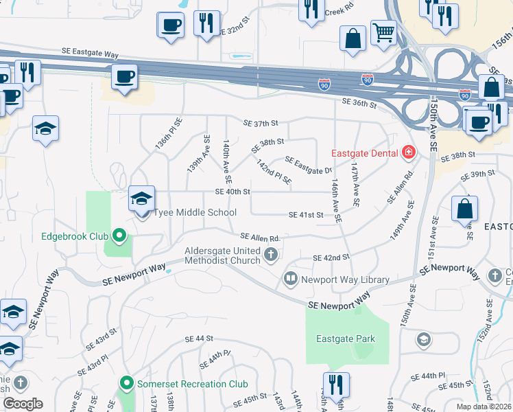 map of restaurants, bars, coffee shops, grocery stores, and more near 4018 142nd Avenue Southeast in Bellevue
