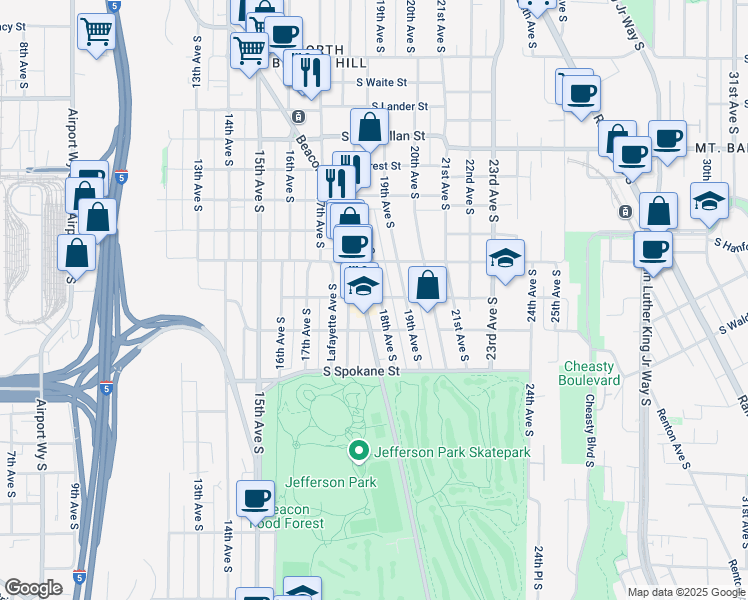 map of restaurants, bars, coffee shops, grocery stores, and more near 1753 South Horton Street in Seattle