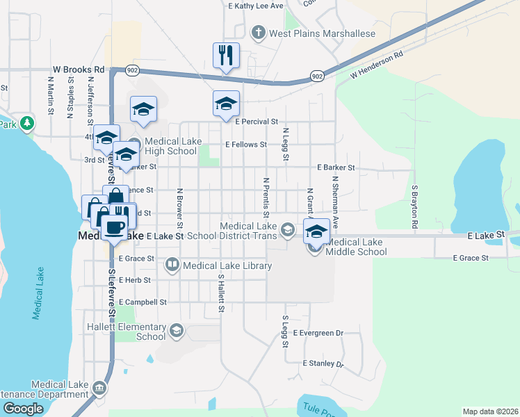 map of restaurants, bars, coffee shops, grocery stores, and more near 723 East Ladd Street in Medical Lake