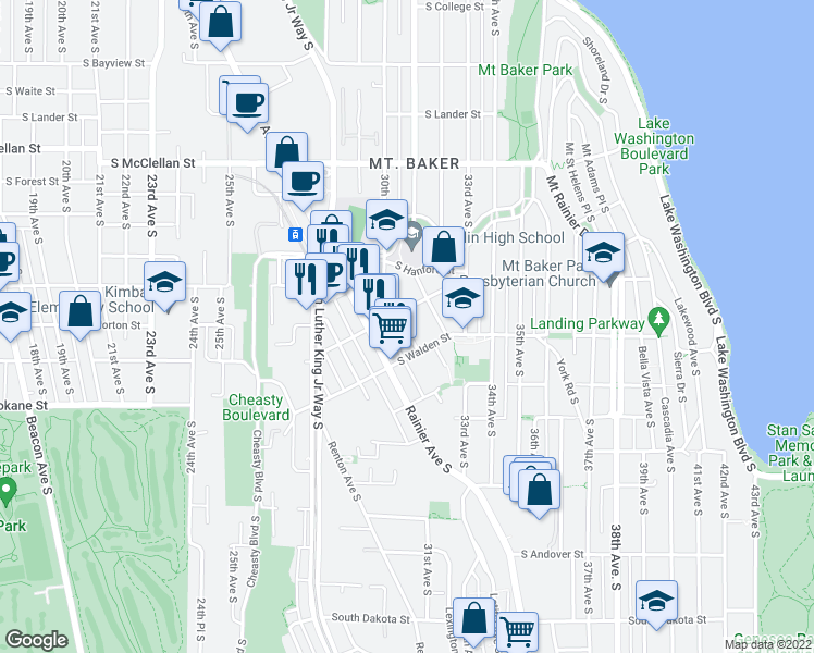 map of restaurants, bars, coffee shops, grocery stores, and more near 3309 Wetmore Avenue South in Seattle
