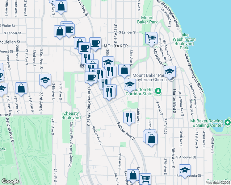 map of restaurants, bars, coffee shops, grocery stores, and more near 3314 Wetmore Avenue South in Seattle