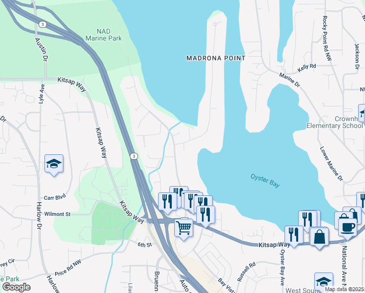 map of restaurants, bars, coffee shops, grocery stores, and more near 1402 Madrona Point in Bremerton