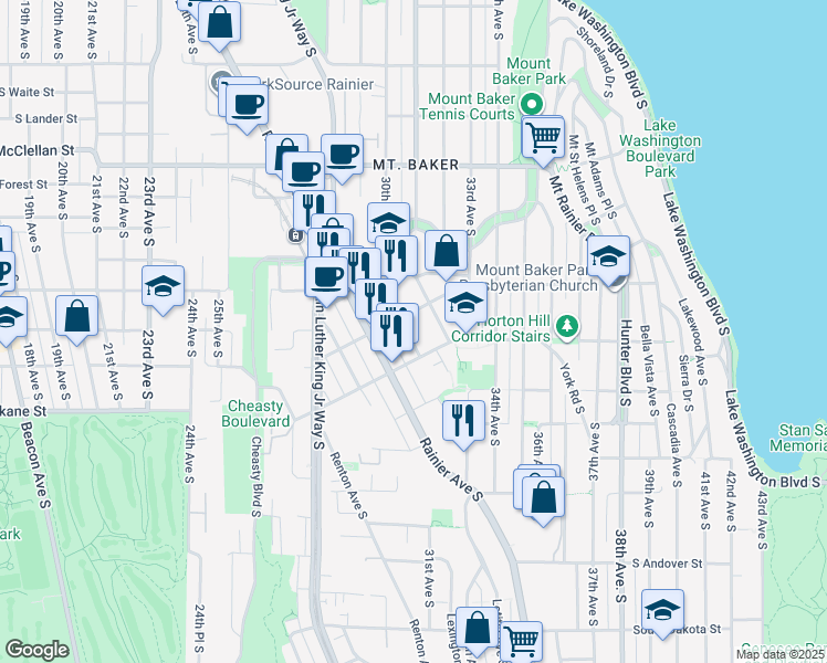 map of restaurants, bars, coffee shops, grocery stores, and more near 3314 Wetmore Avenue South in Seattle