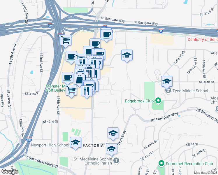map of restaurants, bars, coffee shops, grocery stores, and more near 4030 Factoria Boulevard Southeast in Bellevue