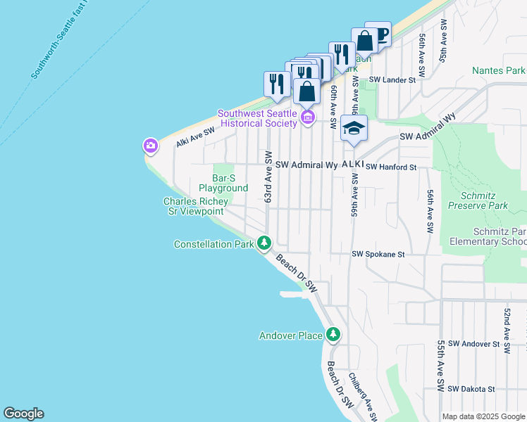 map of restaurants, bars, coffee shops, grocery stores, and more near 3403 63rd Avenue Southwest in Seattle