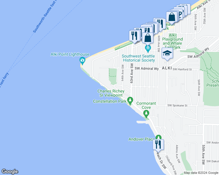 map of restaurants, bars, coffee shops, grocery stores, and more near 3400 Beach Drive Southwest in Seattle