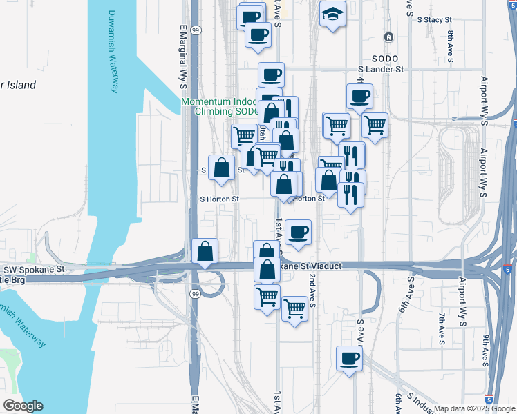 map of restaurants, bars, coffee shops, grocery stores, and more near 79 S Horton St in Seattle
