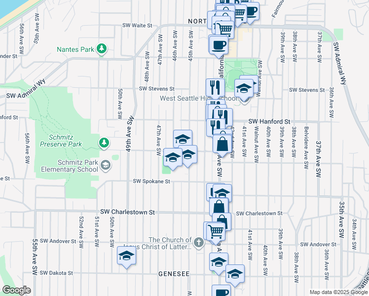 map of restaurants, bars, coffee shops, grocery stores, and more near 3255 45th Avenue Southwest in Seattle