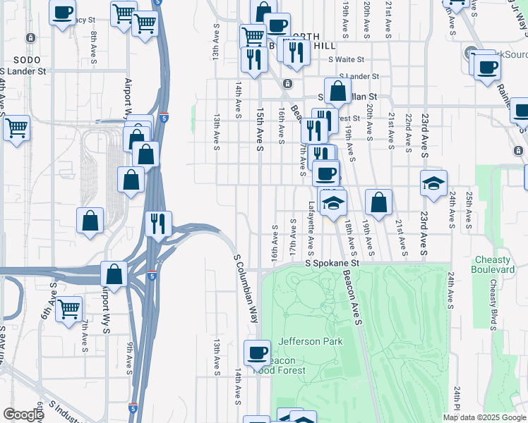 map of restaurants, bars, coffee shops, grocery stores, and more near 3236 15th Avenue South in Seattle