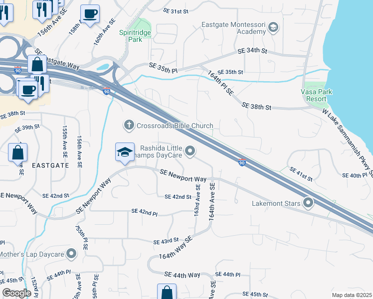 map of restaurants, bars, coffee shops, grocery stores, and more near 3978 162nd Place Southeast in Bellevue