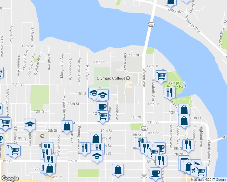 map of restaurants, bars, coffee shops, grocery stores, and more near 1410 Ohio Avenue in Bremerton