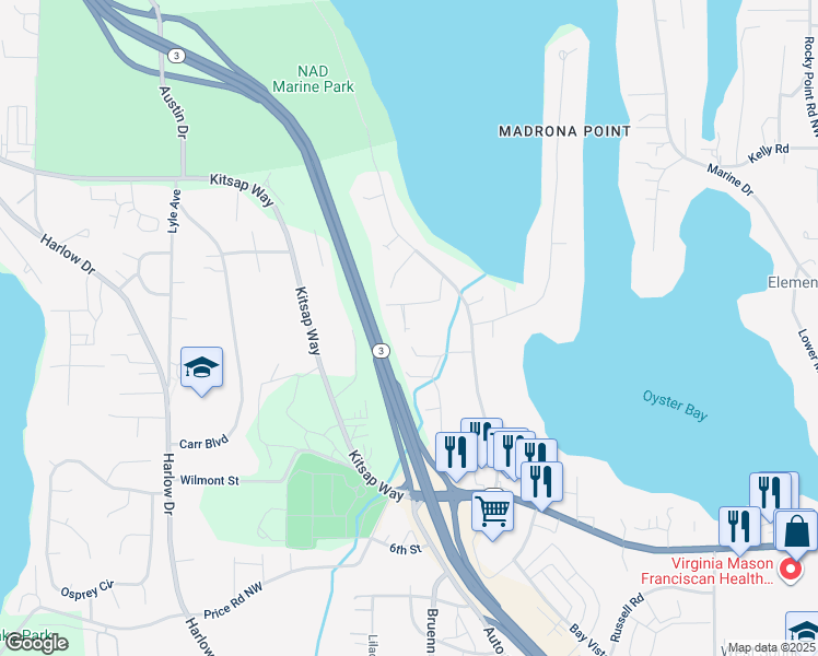 map of restaurants, bars, coffee shops, grocery stores, and more near 5305 Beach Drive in Bremerton