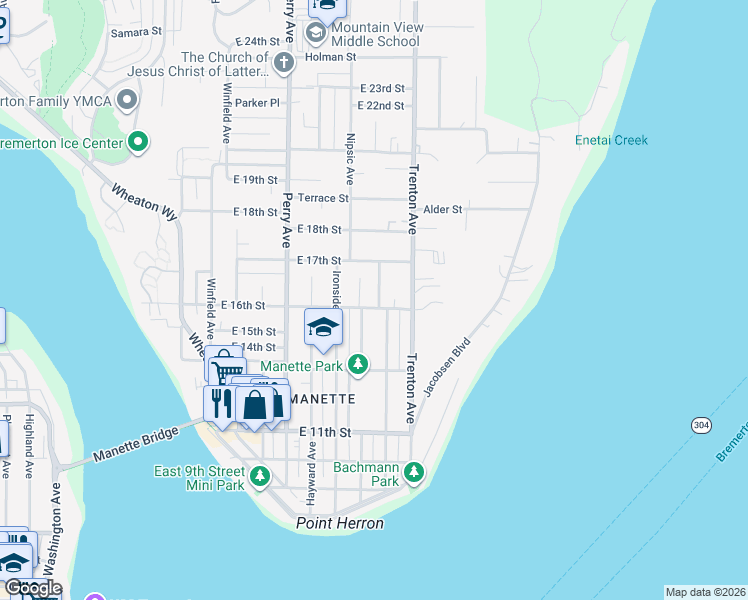 map of restaurants, bars, coffee shops, grocery stores, and more near 1603 Vandalia Avenue in Bremerton