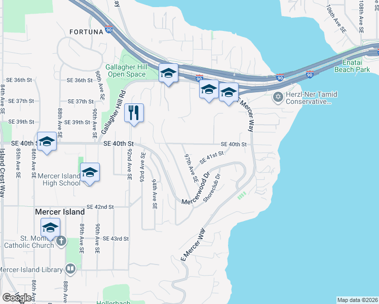 map of restaurants, bars, coffee shops, grocery stores, and more near 4018 97th Avenue Southeast in Mercer Island