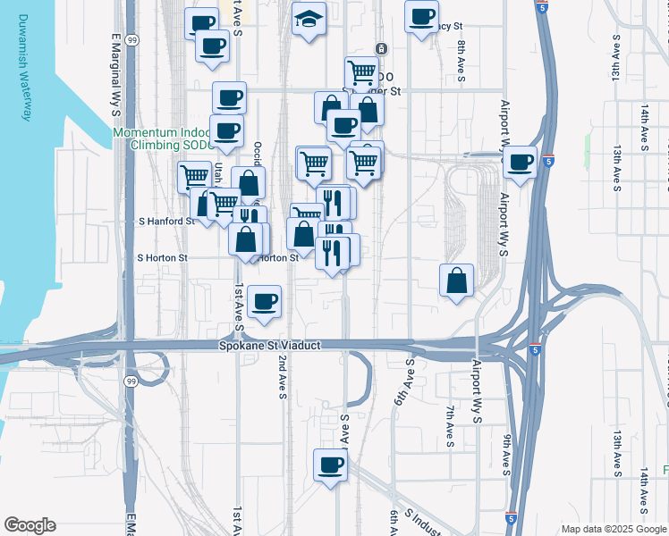 map of restaurants, bars, coffee shops, grocery stores, and more near 3301 4th Avenue South in Seattle