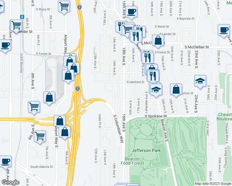 map of restaurants, bars, coffee shops, grocery stores, and more near 3234 14th Avenue South in Seattle