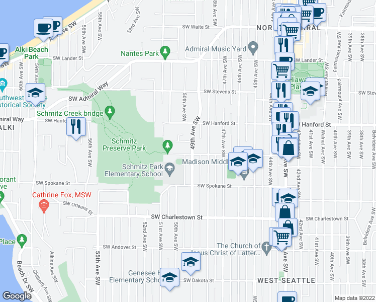map of restaurants, bars, coffee shops, grocery stores, and more near 4910 Southwest Hinds Street in Seattle