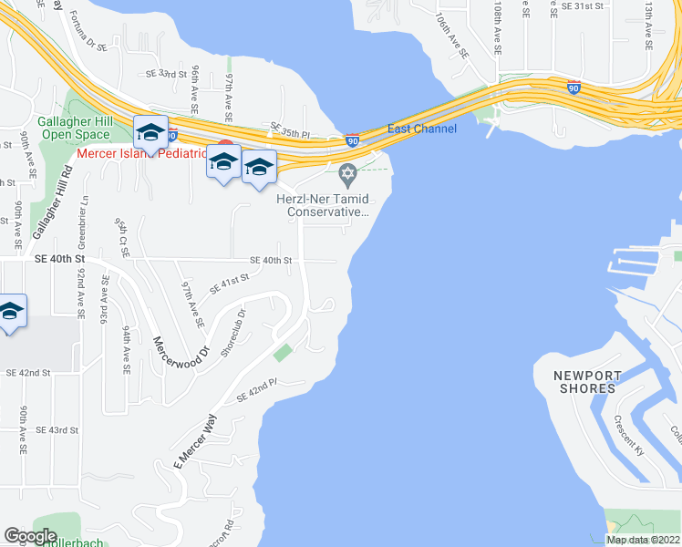map of restaurants, bars, coffee shops, grocery stores, and more near 4014 East Mercer Way in Mercer Island
