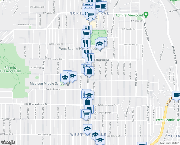 map of restaurants, bars, coffee shops, grocery stores, and more near 3258 California Avenue Southwest in Seattle