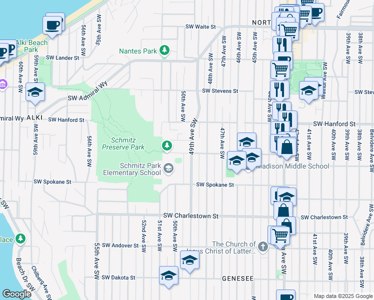 map of restaurants, bars, coffee shops, grocery stores, and more near 4910 Southwest Hinds Street in Seattle