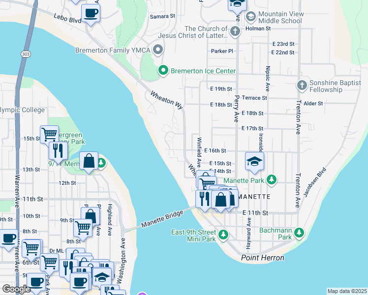 map of restaurants, bars, coffee shops, grocery stores, and more near 1814 East 16th Street in Bremerton