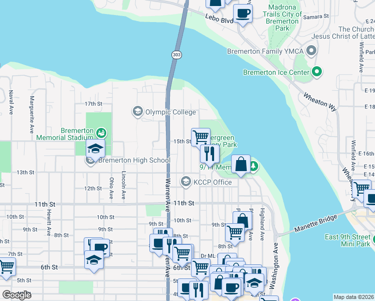 map of restaurants, bars, coffee shops, grocery stores, and more near 1331 Park Avenue in Bremerton
