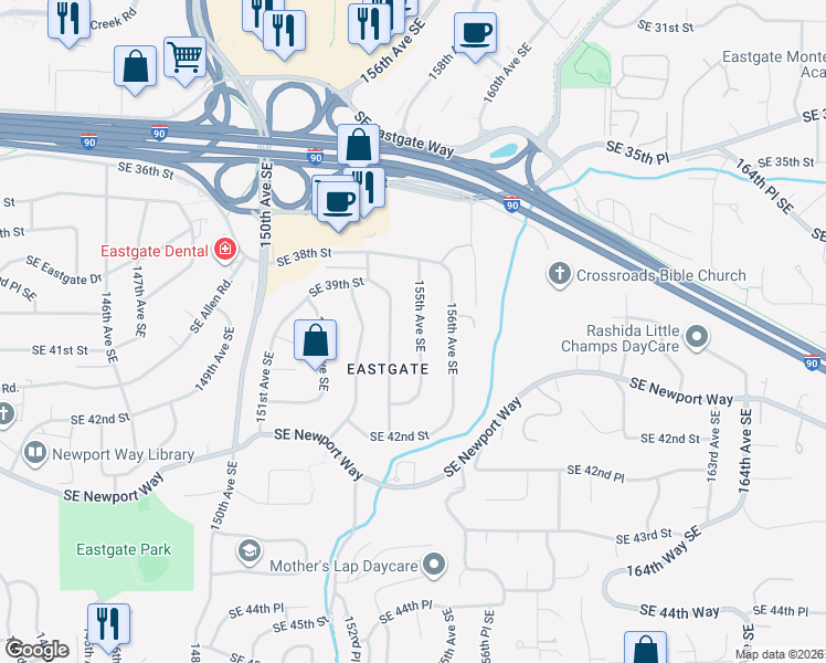 map of restaurants, bars, coffee shops, grocery stores, and more near 4019 155th Avenue Southeast in Bellevue