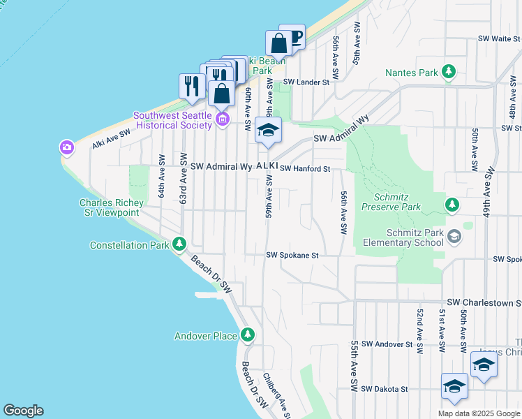 map of restaurants, bars, coffee shops, grocery stores, and more near 3260 60th Avenue Southwest in Seattle