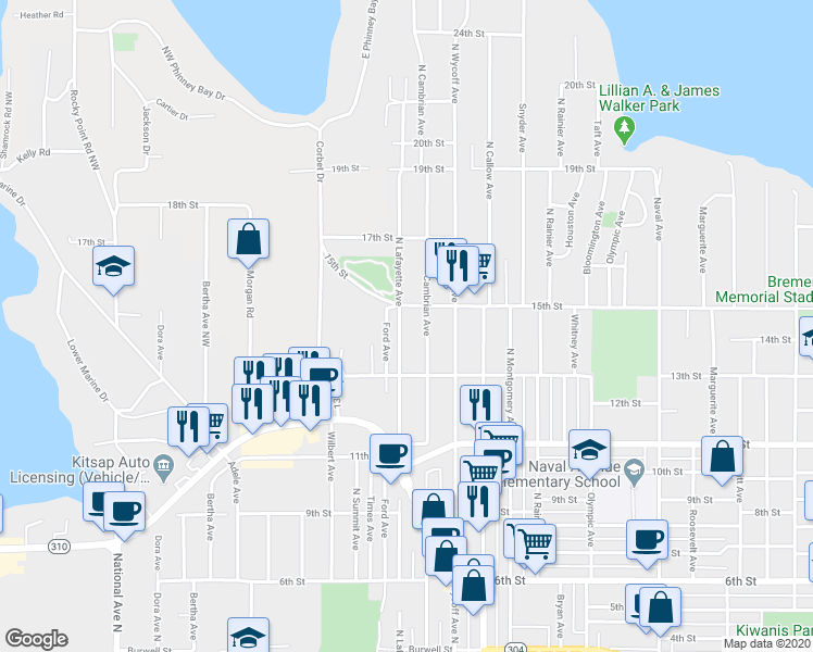 map of restaurants, bars, coffee shops, grocery stores, and more near 1334 North Lafayette Avenue in Bremerton