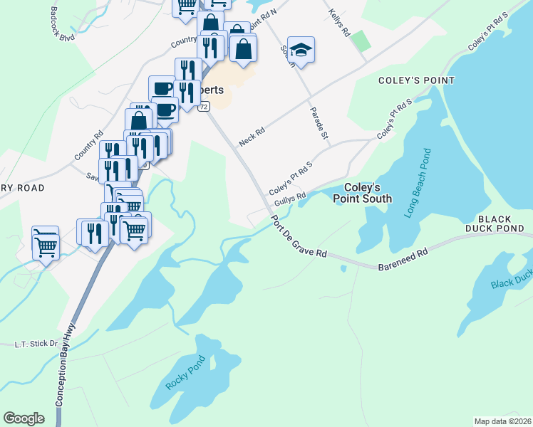 map of restaurants, bars, coffee shops, grocery stores, and more near 56 Bareneed Road in Coley's Point South