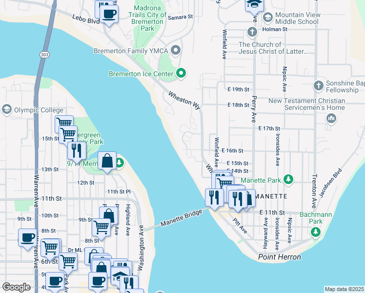 map of restaurants, bars, coffee shops, grocery stores, and more near 2000 Parkside Drive in Bremerton