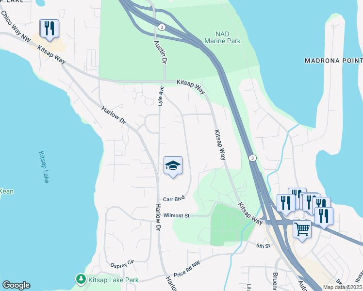 map of restaurants, bars, coffee shops, grocery stores, and more near 1359 Carr Boulevard in Bremerton