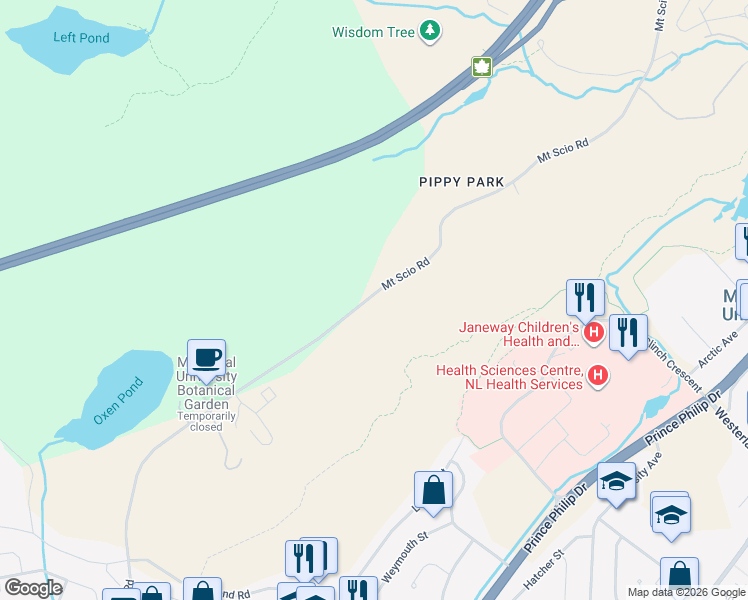 map of restaurants, bars, coffee shops, grocery stores, and more near 213 Mount Scio Road in St. John's
