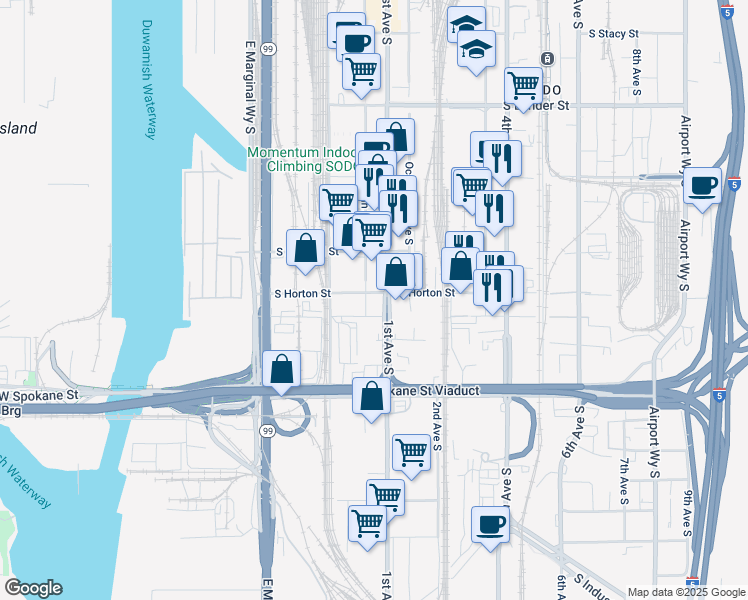 map of restaurants, bars, coffee shops, grocery stores, and more near 79 S Horton St in Seattle