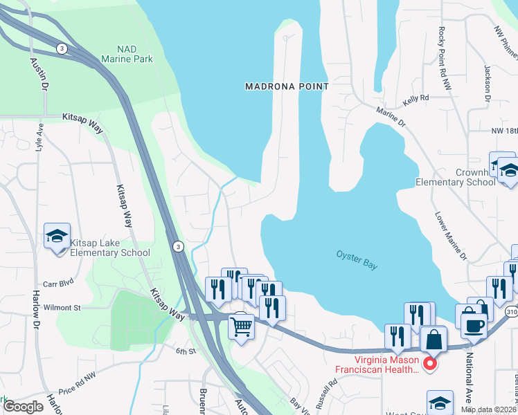 map of restaurants, bars, coffee shops, grocery stores, and more near 1434 Madrona Point in Bremerton