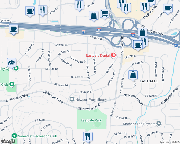 map of restaurants, bars, coffee shops, grocery stores, and more near 4010 146th Avenue Southeast in Bellevue