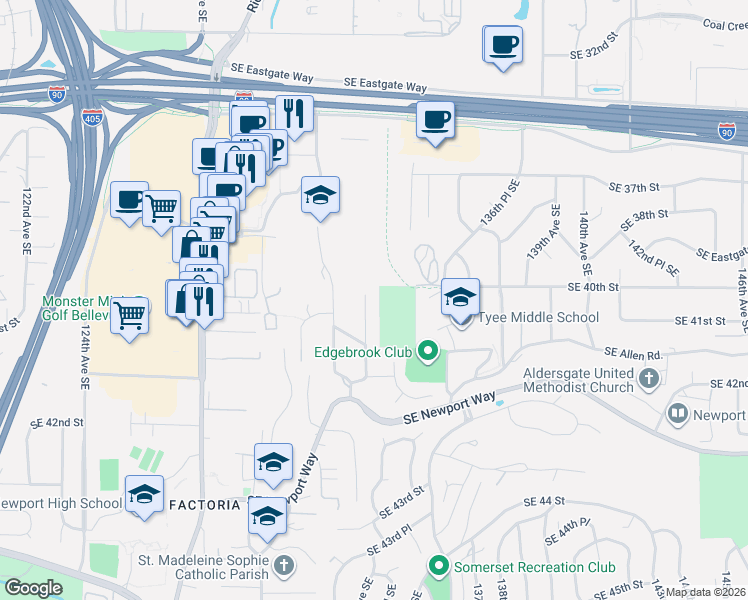 map of restaurants, bars, coffee shops, grocery stores, and more near 13400 Southeast 40th Street in Bellevue