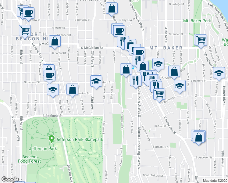 map of restaurants, bars, coffee shops, grocery stores, and more near 3303 25th Avenue South in Seattle