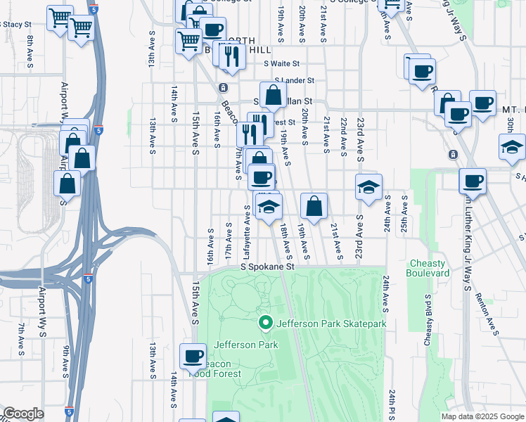 map of restaurants, bars, coffee shops, grocery stores, and more near 1727 South Horton Street in Seattle