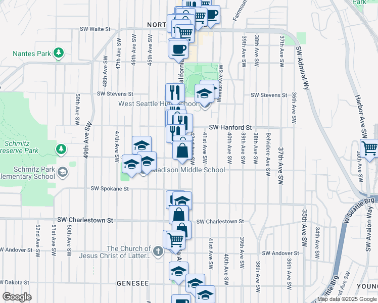 map of restaurants, bars, coffee shops, grocery stores, and more near 3220 California Avenue Southwest in Seattle