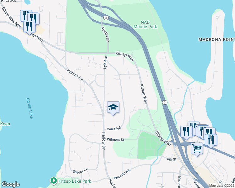 map of restaurants, bars, coffee shops, grocery stores, and more near 1359 Carr Boulevard in Bremerton