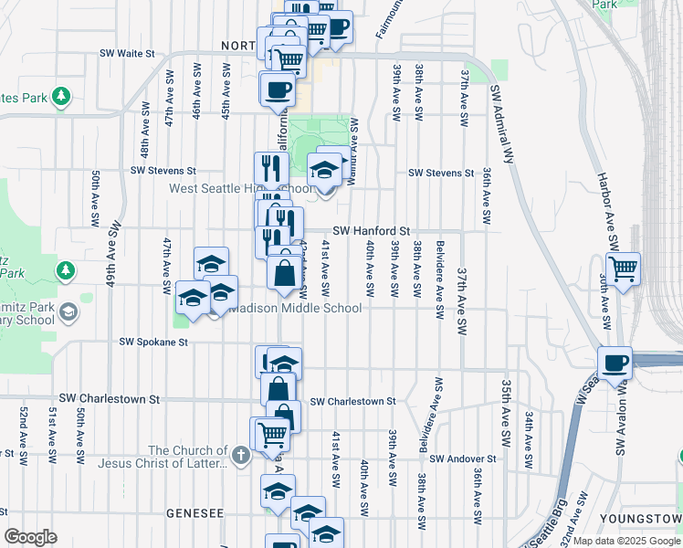 map of restaurants, bars, coffee shops, grocery stores, and more near 3247 Walnut Avenue Southwest in Seattle