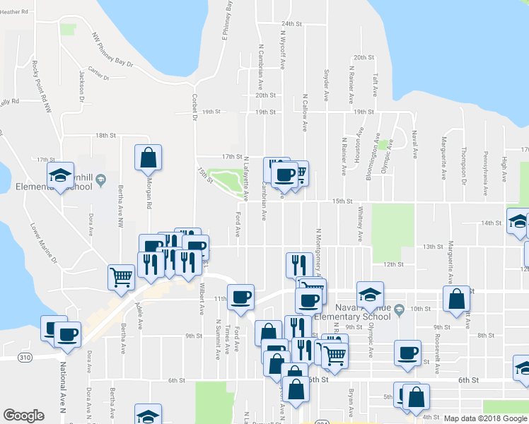 map of restaurants, bars, coffee shops, grocery stores, and more near 1338 Cambrian Avenue in Bremerton