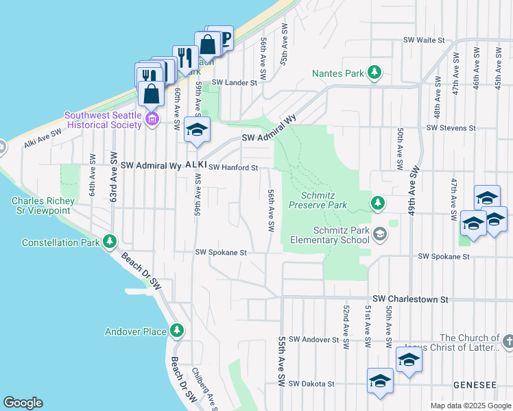 map of restaurants, bars, coffee shops, grocery stores, and more near 3251 56th Place Southwest in Seattle