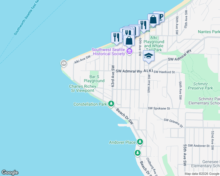 map of restaurants, bars, coffee shops, grocery stores, and more near 3403 63rd Avenue Southwest in Seattle