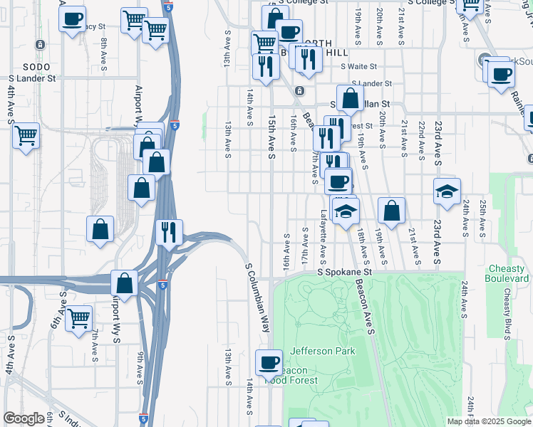 map of restaurants, bars, coffee shops, grocery stores, and more near 3236 15th Avenue South in Seattle