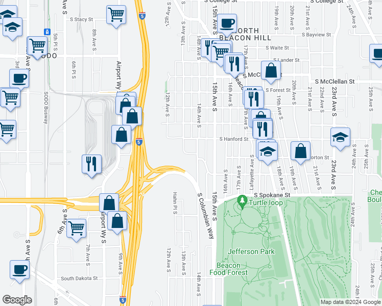 map of restaurants, bars, coffee shops, grocery stores, and more near 1307 South Horton Street in Seattle