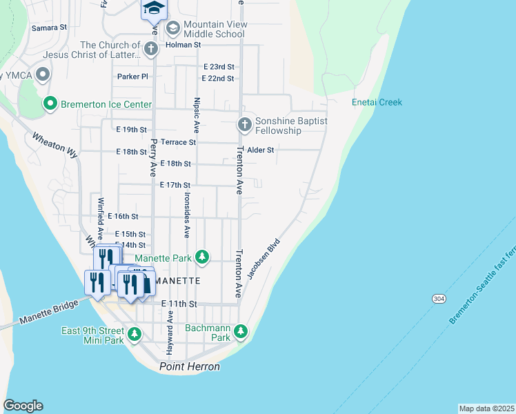 map of restaurants, bars, coffee shops, grocery stores, and more near 1604 Trenton Avenue in Bremerton